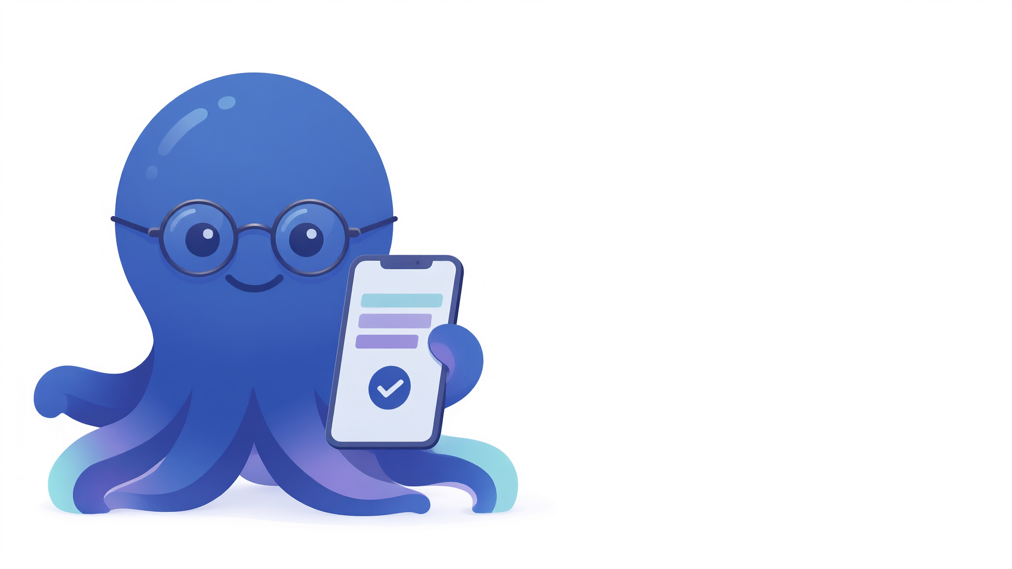 A cobalt-blue octopus with round glasses holding a phone displaying a purchase order with payment plan shapes and checkmarks.