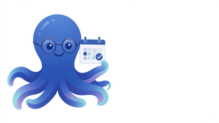 A cobalt-blue octopus wearing round glasses holds a calendar card with a checkmark mark in one tentacle.