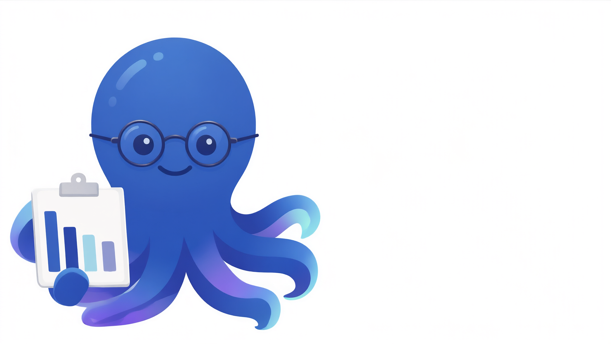 A cobalt-blue octopus with round glasses holds a clipboard showing a bar chart with four declining bars representing complaint themes in rug shop reviews.
