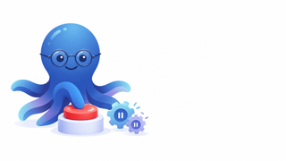 The blue Octabiz octopus mascot pressing a big red stop button, with two paused gears beside it.